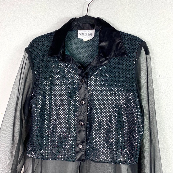 VINTAGE Wear On Earth Shiny Sheer Button Down Top - Picture 2 of 6